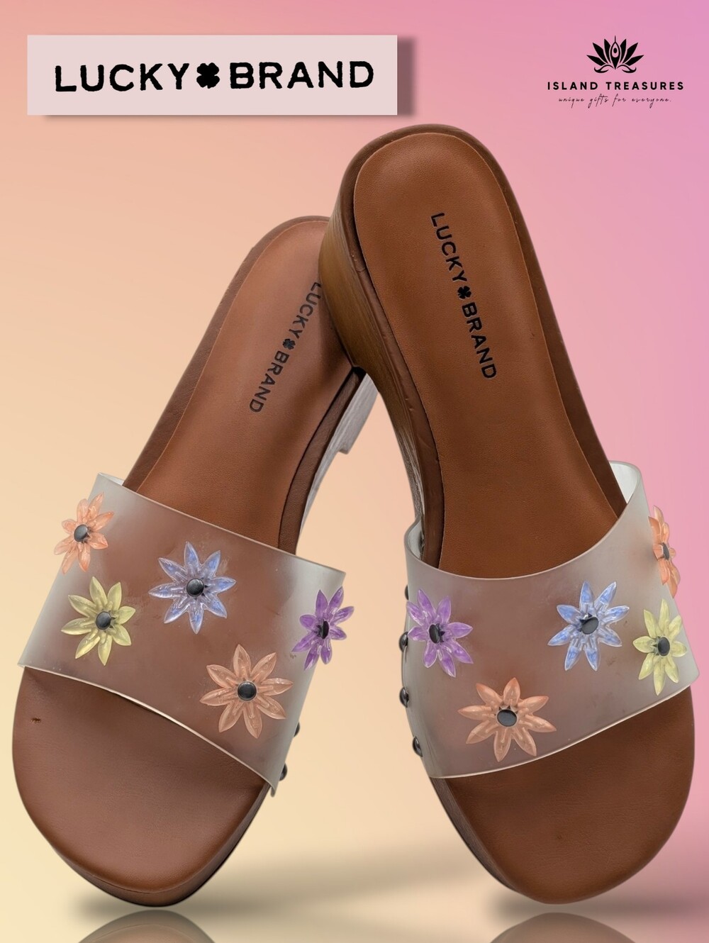 Lucky Brand Julina 7.5M Multi Color Floral Studs Block Heel Brown Slip-On Sandal